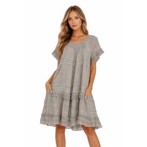 NWT Muche & Muchette Grey 100% Linen Boho Lace‎ Lagenlook Dress One Size OS New